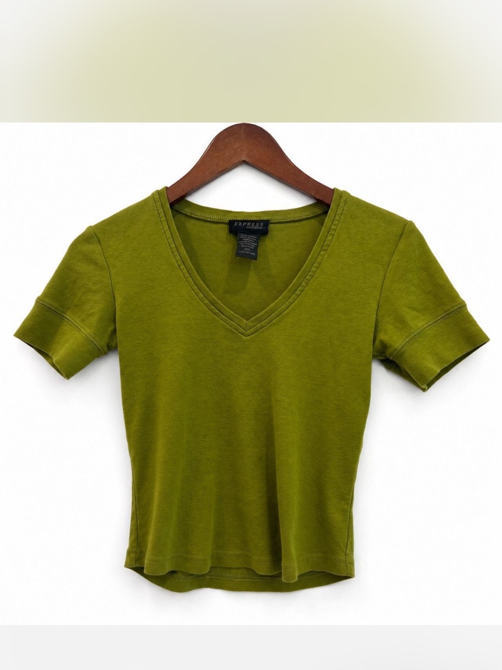 Vintage Y2K Baby Tee/V Neck Crop Top, Green Cotton V Neck Fitted Baby Tee Top